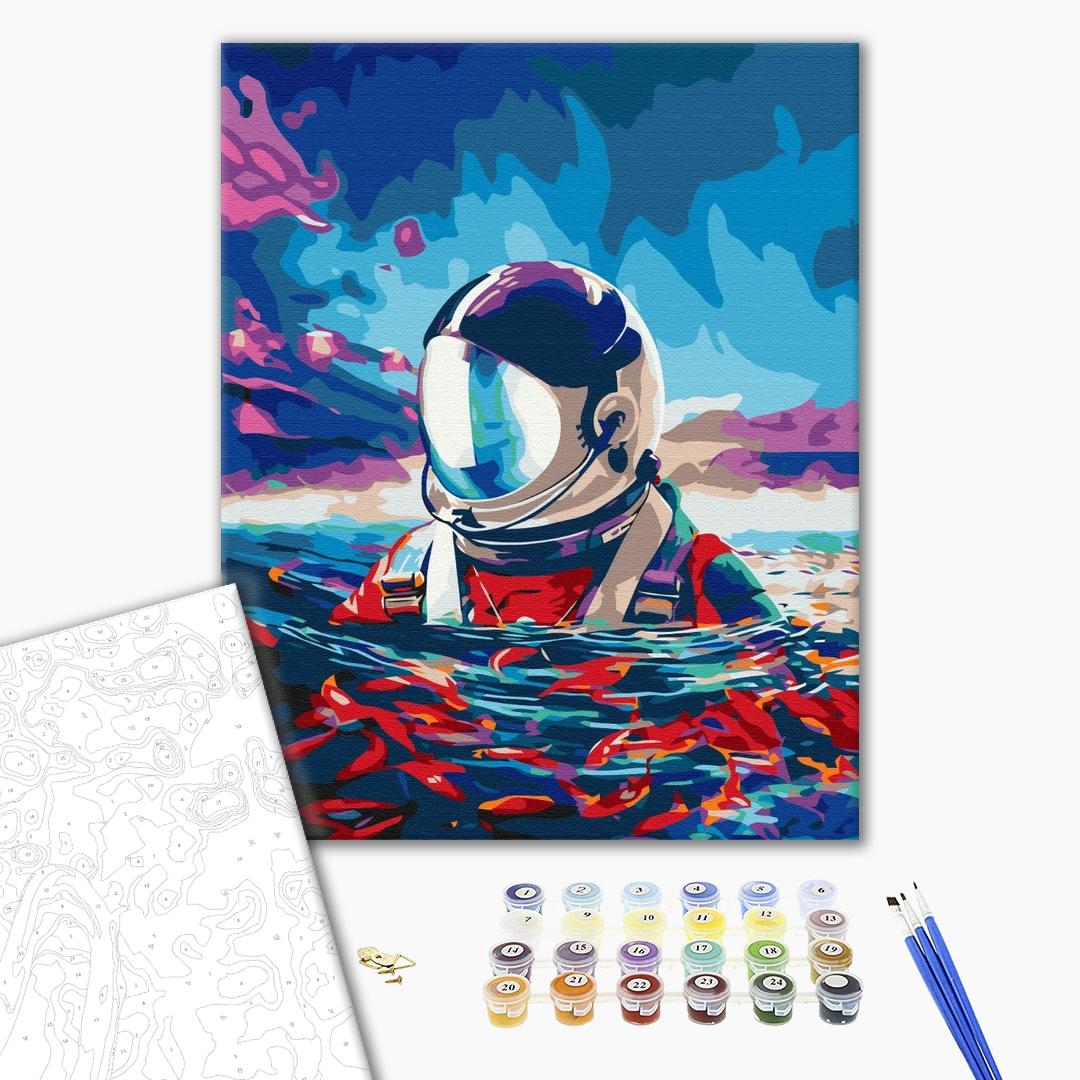 Astronaut und Fische - Malen nach Zahlen Bild auf Leinwand mit Pinseln und Farben