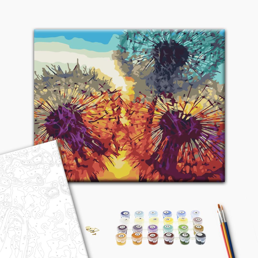 Löwenzähne bei Sonnenuntergang - Malen nach Zahlen Bild auf Leinwand mit Pinseln und Farben