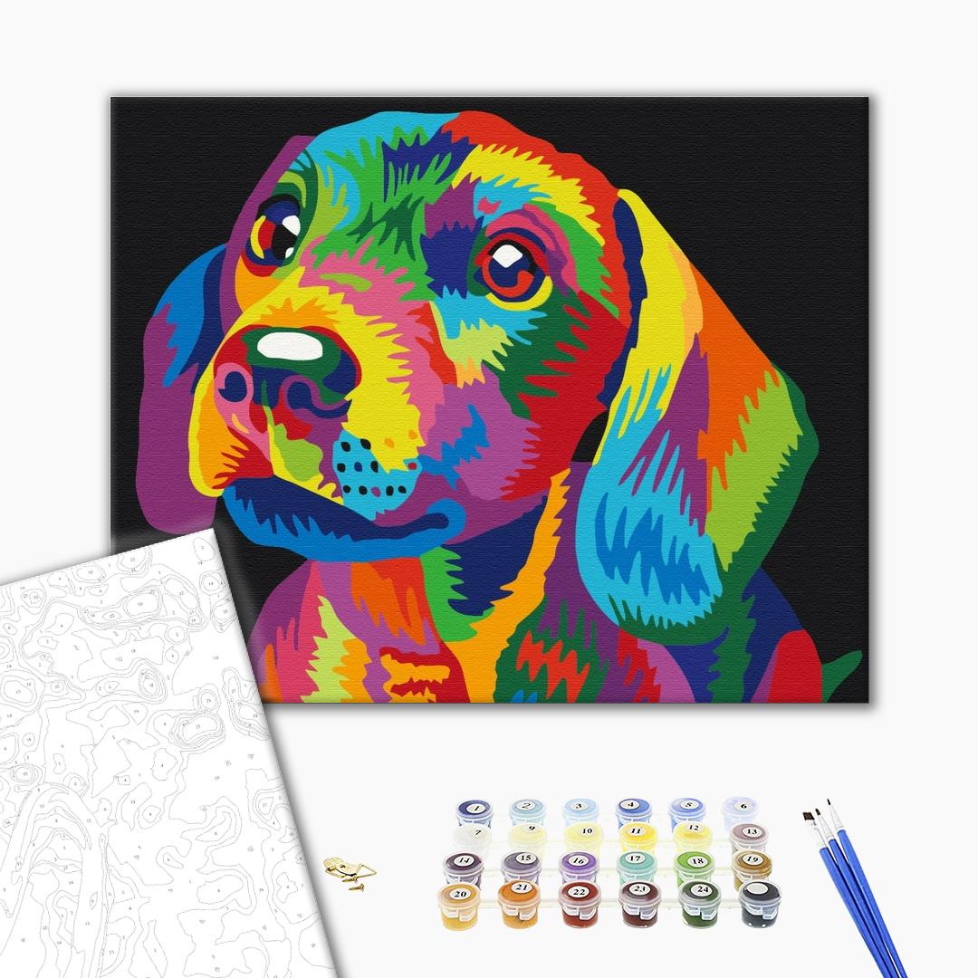 Regenbogenhund - Malen nach Zahlen Bild auf Leinwand mit Pinseln und Farben