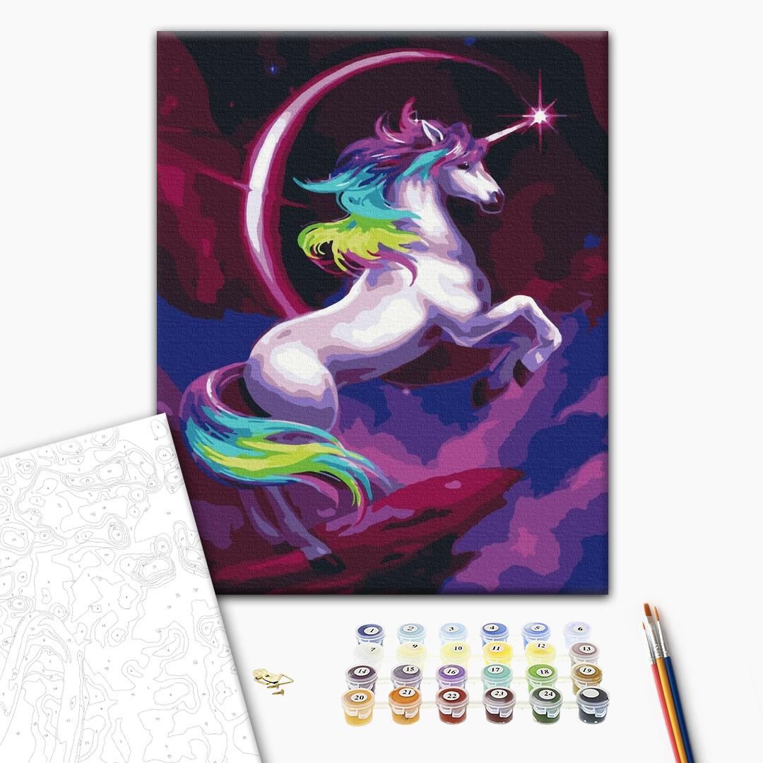 Märchenhaftes Regenbogen-Einhorn - Malen nach Zahlen Bild auf Leinwand mit Pinseln und Farben