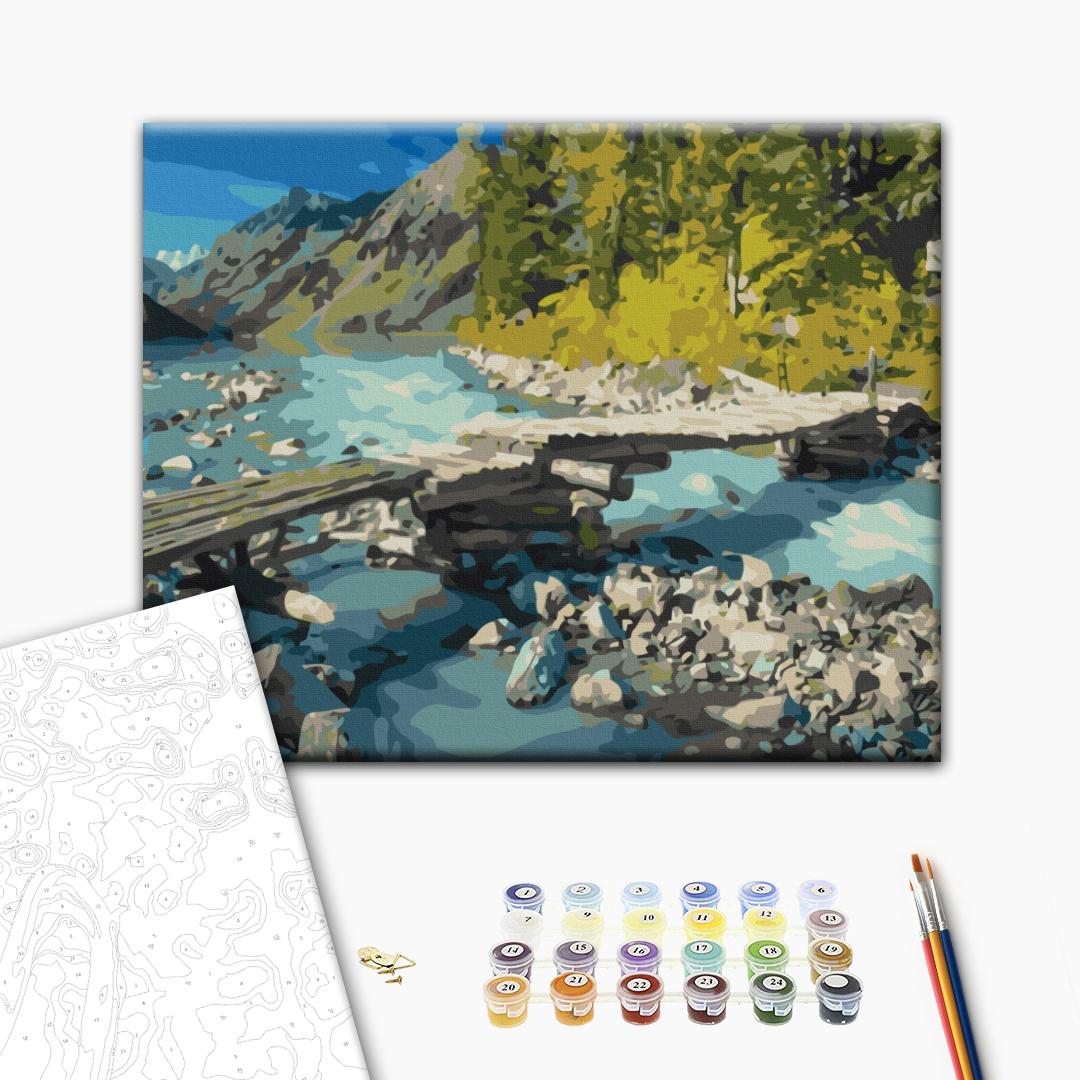 Bergbrücke - Malen nach Zahlen Bild auf Leinwand mit Pinseln und Farben