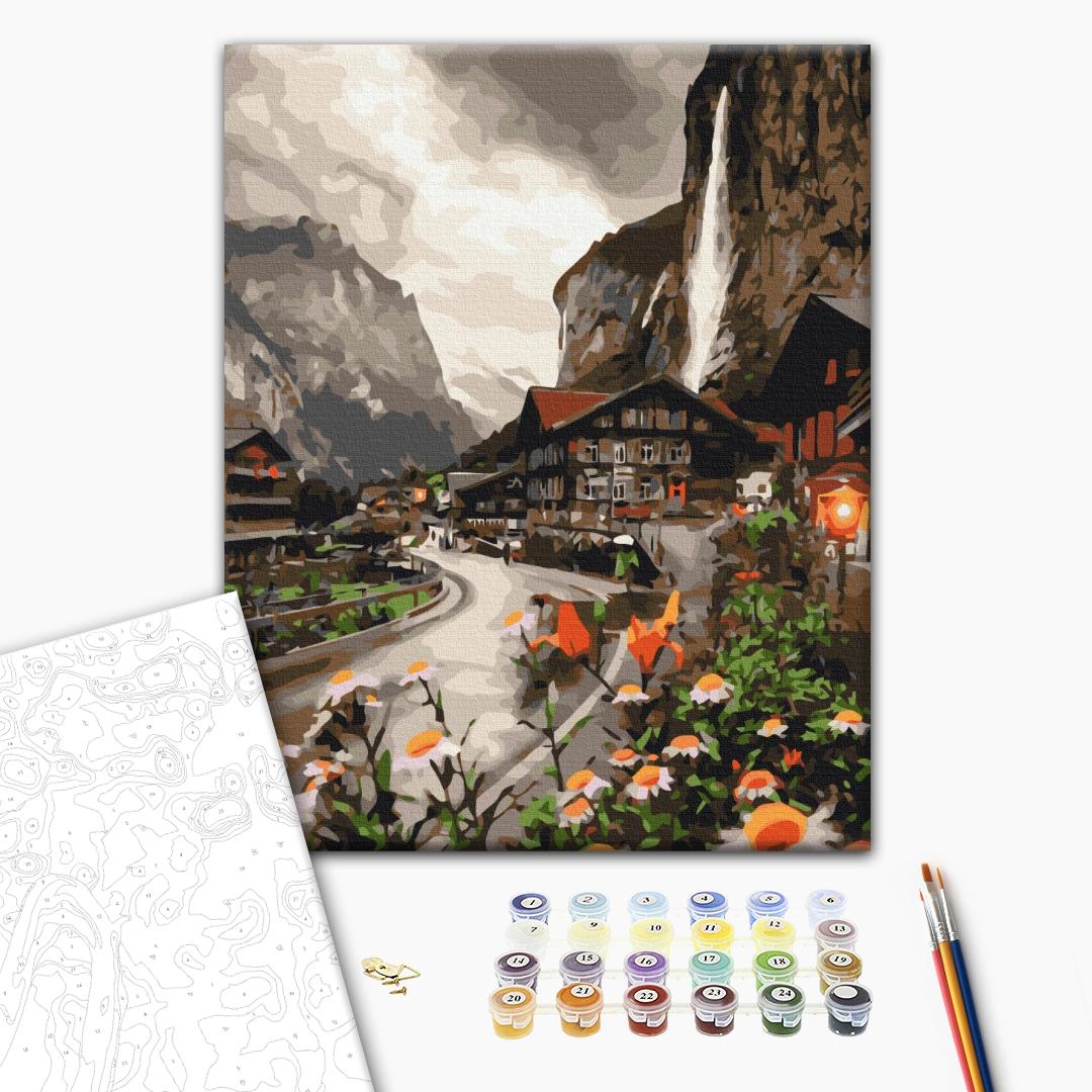 Eine Stadt in der Schweiz - Malen nach Zahlen Bild auf Leinwand mit Pinseln und Farben