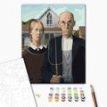 Amerikanische Gotik von Grant Wood - Malen nach Zahlen Bild auf Leinwand mit Pinseln und Farben