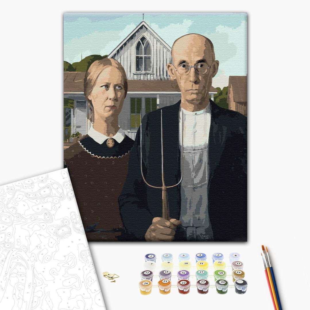 Amerikanische Gotik von Grant Wood - Malen nach Zahlen Bild auf Leinwand mit Pinseln und Farben