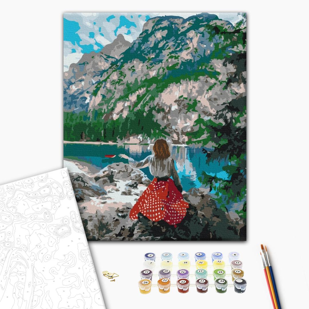 Reisende am See - Malen nach Zahlen Bild auf Leinwand mit Pinseln und Farben
