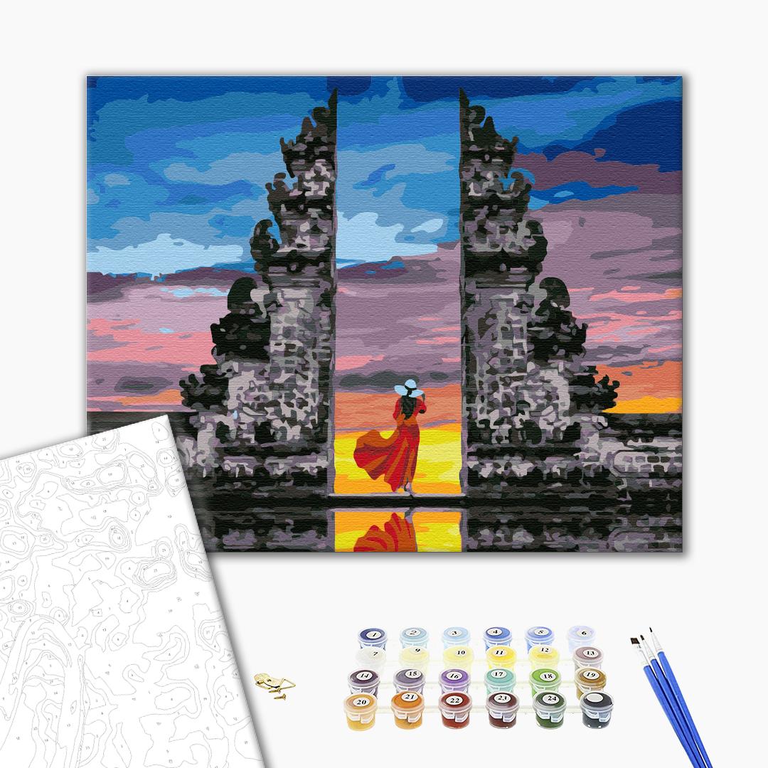 Reisende auf Bali - Malen nach Zahlen Bild auf Leinwand mit Pinseln und Farben
