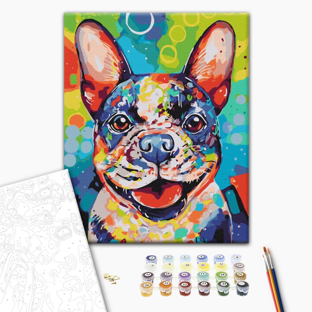 Bunter Hund - Malen nach Zahlen Bild auf Leinwand mit Pinseln und Farben