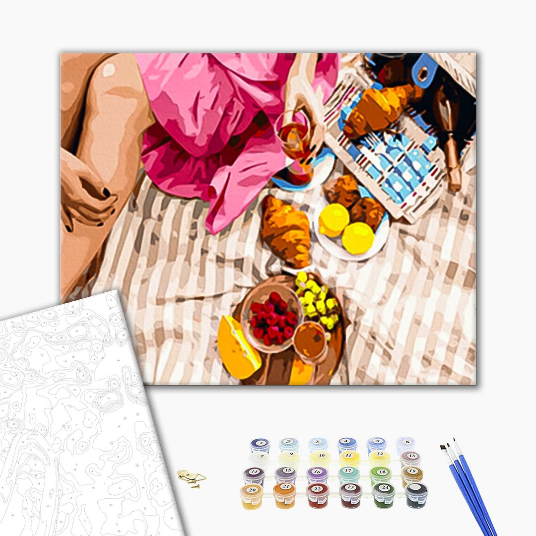 Leckereien für ein Picknick - Malen nach Zahlen Bild auf Leinwand mit Pinseln und Farben