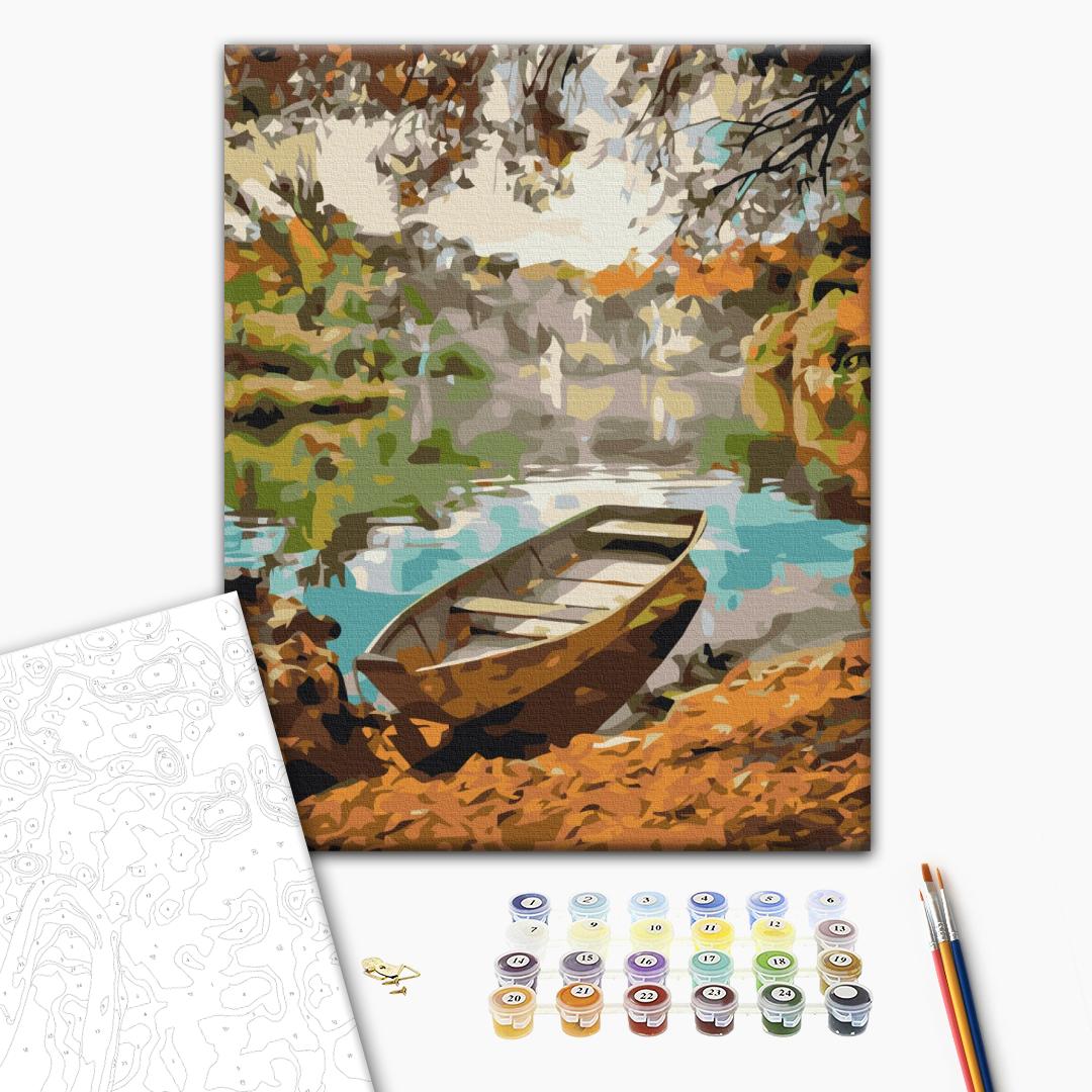 Ein Herbsttag zum Angeln - Malen nach Zahlen Bild auf Leinwand mit Pinseln und Farben