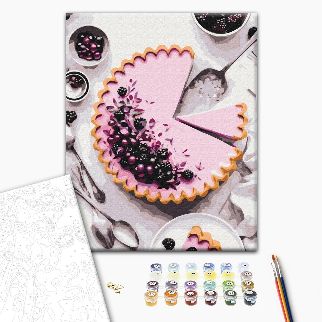 Brombeerkuchen - Malen nach Zahlen Bild auf Leinwand mit Pinseln und Farben