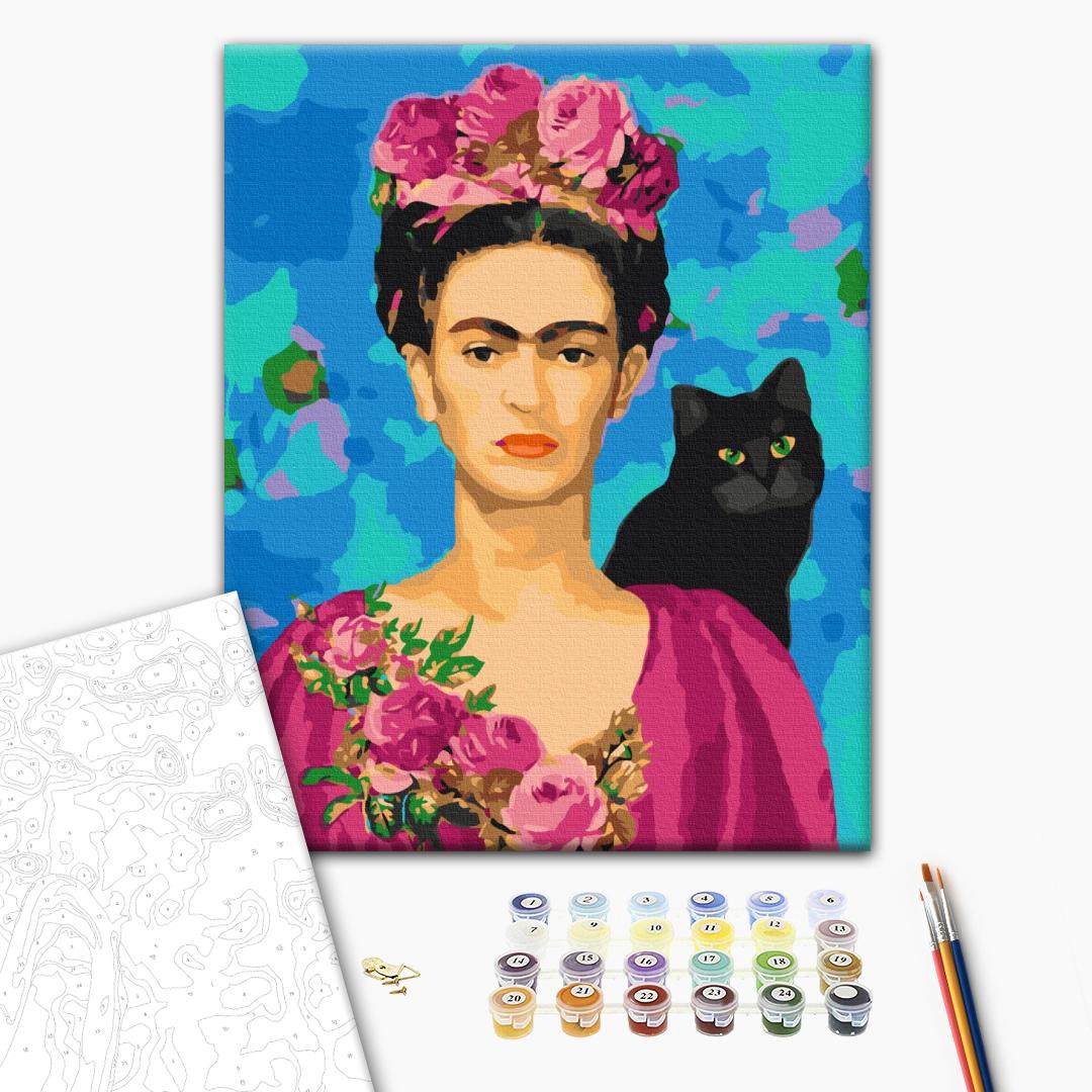 Frida mit Katze von Frida Kahlo - Malen nach Zahlen Bild auf Leinwand mit Pinseln und Farben