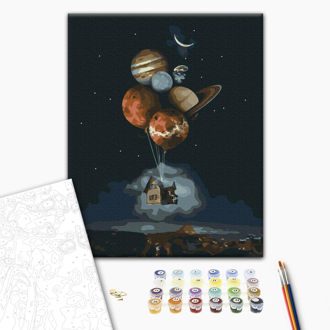 Heimat in der Stratosphäre - Malen nach Zahlen Bild auf Leinwand mit Pinseln und Farben