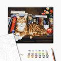 Eine Katze auf einem Bücherregal - Malen nach Zahlen Bild auf Leinwand mit Pinseln und Farben