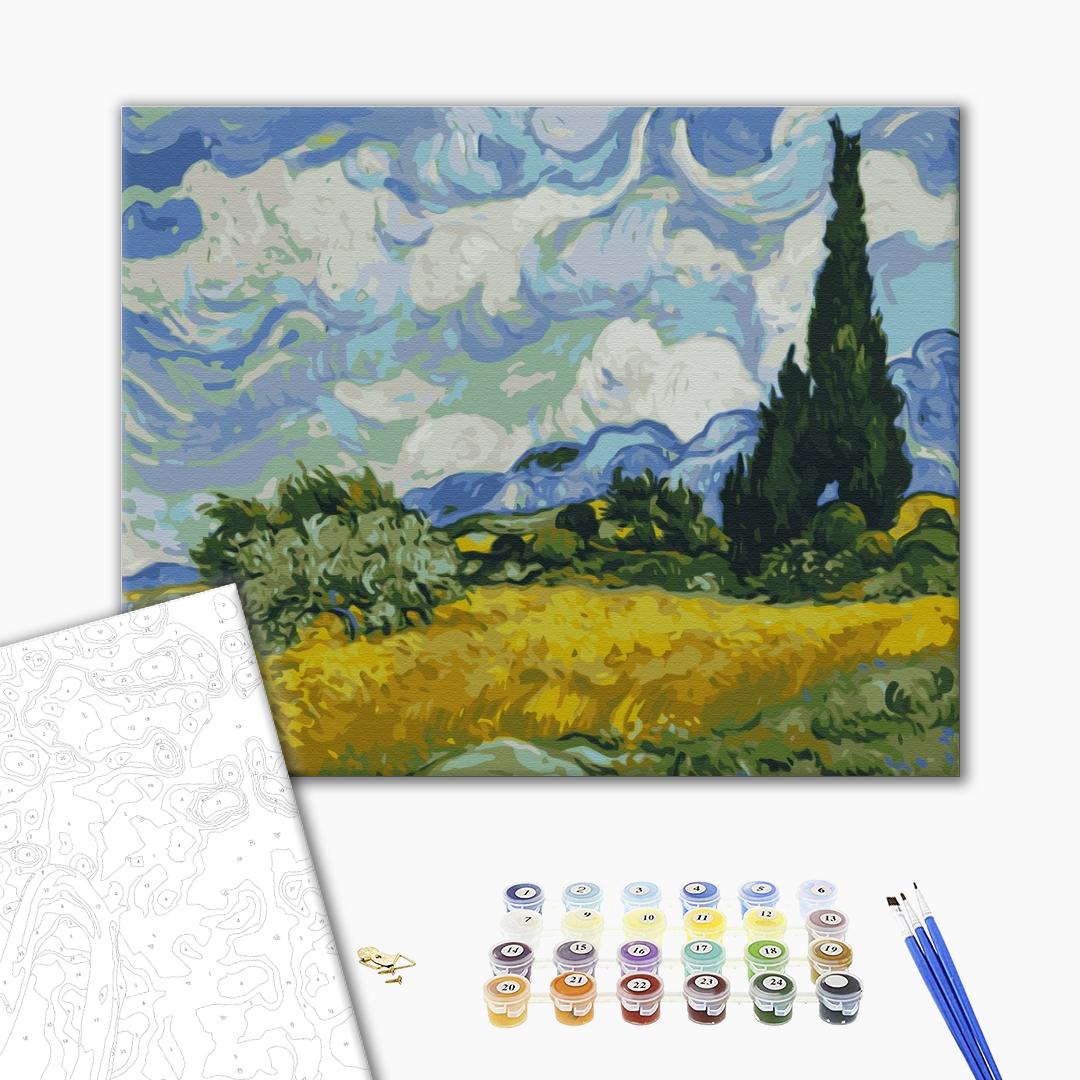 Weizenfeld mit Zypressen von Vincent van Gogh - Malen nach Zahlen Bild auf Leinwand mit Pinseln und Farben