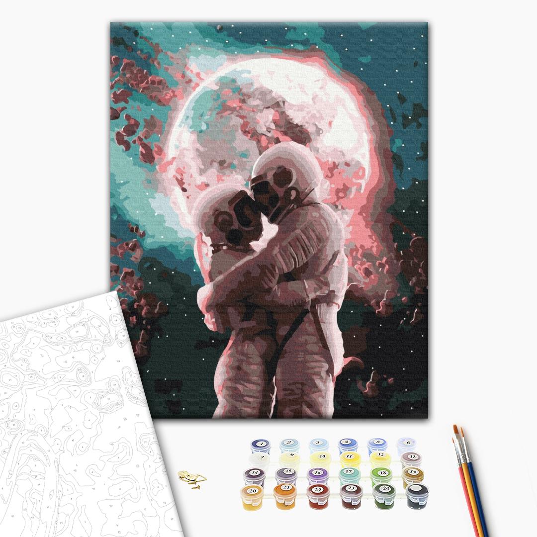 Verliebte Astronauten - Malen nach Zahlen Bild auf Leinwand mit Pinseln und Farben