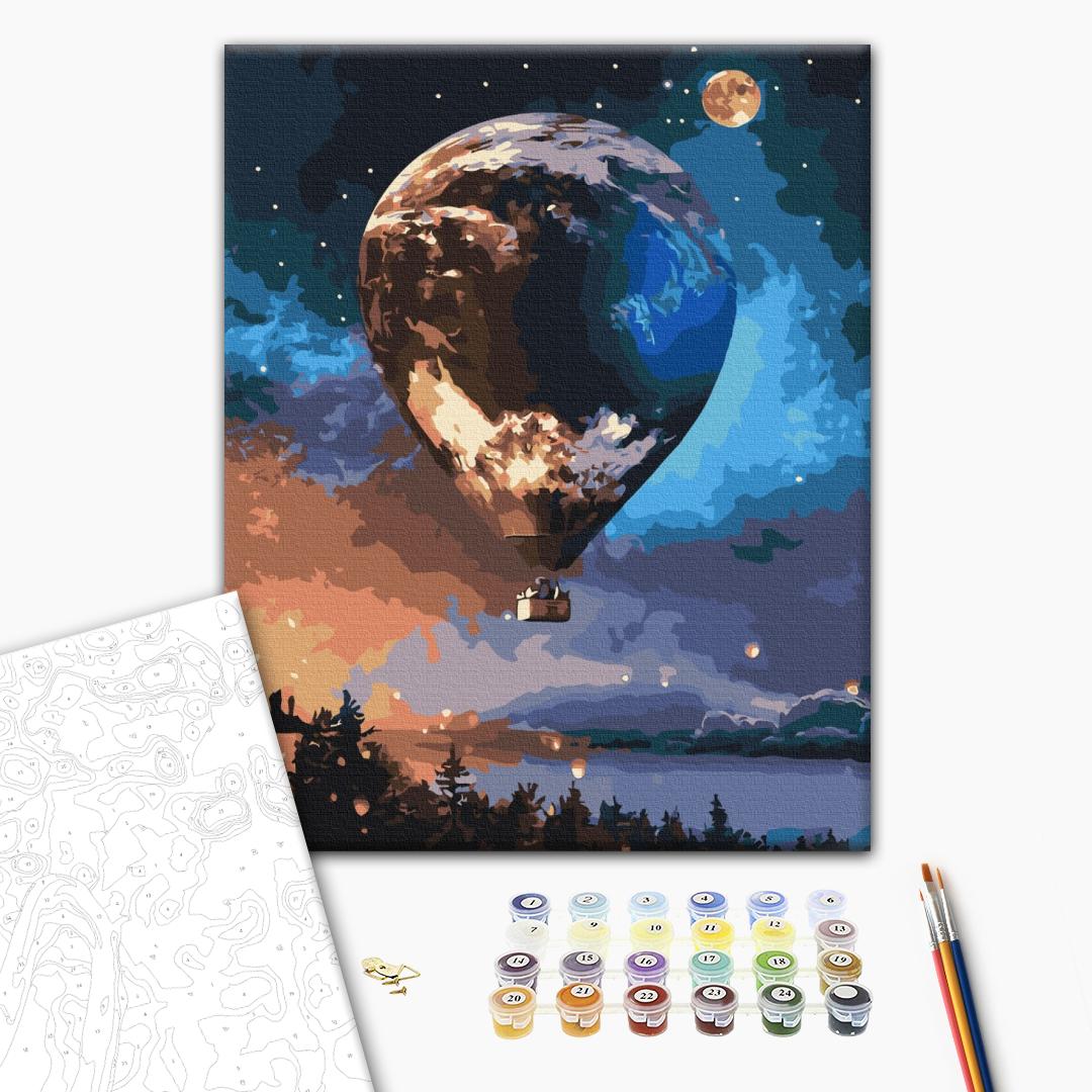 Heißluftballon bei Nacht - Malen nach Zahlen Bild auf Leinwand mit Pinseln und Farben