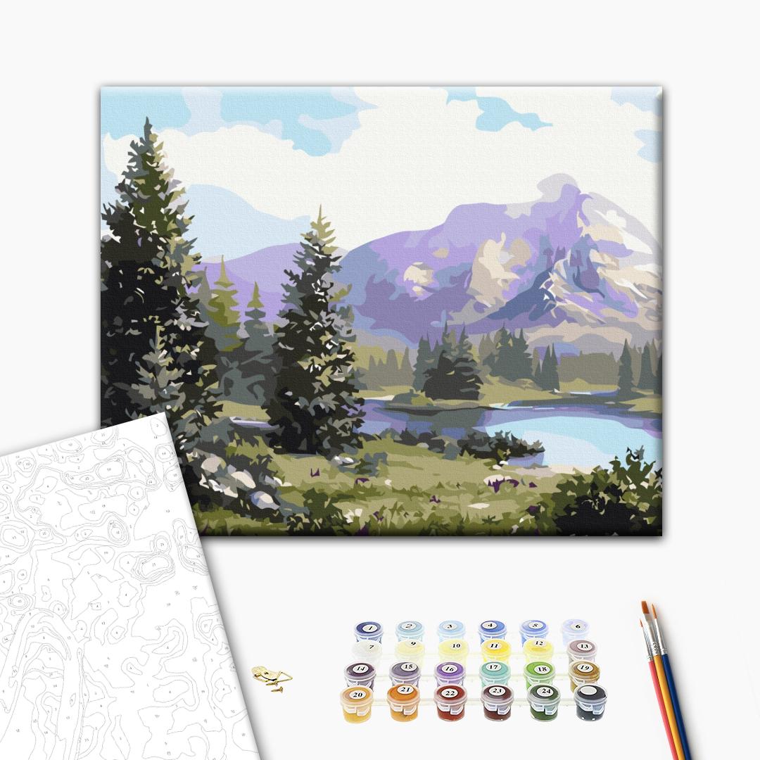 Wundervolle Berge - Malen nach Zahlen Bild auf Leinwand mit Pinseln und Farben