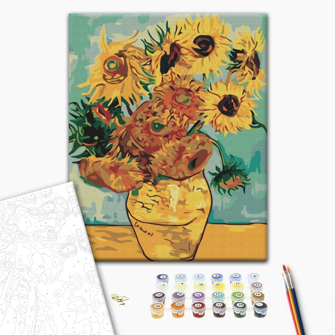 Zwölf Sonnenblumen von Van Gogh - Malen nach Zahlen Bild auf Leinwand mit Pinseln und Farben