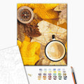 Kaffee und Kompass - Malen nach Zahlen Bild auf Leinwand mit Pinseln und Farben
