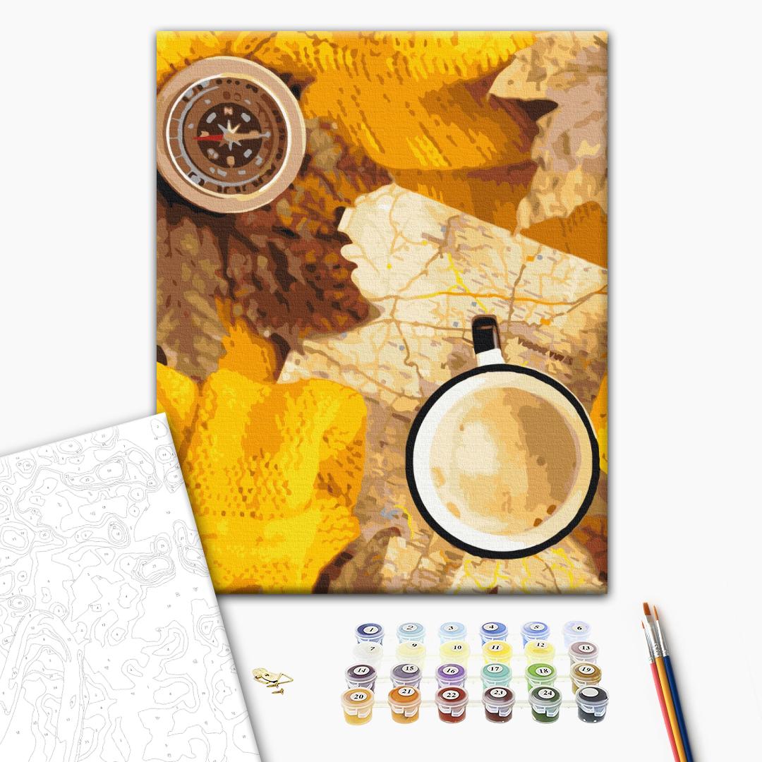 Kaffee und Kompass - Malen nach Zahlen Bild auf Leinwand mit Pinseln und Farben