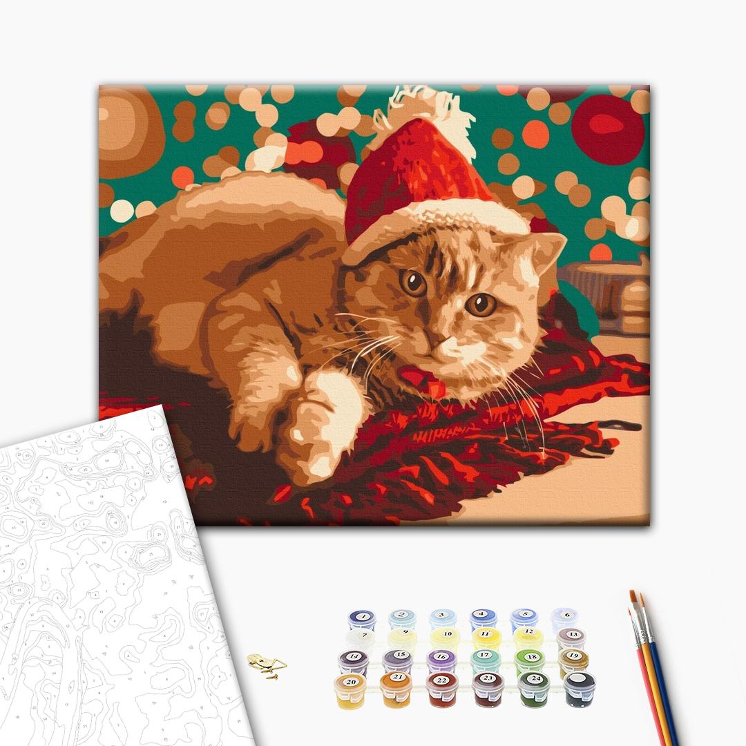 Die Weihnachts-Katze - Malen nach Zahlen Bild auf Leinwand mit Pinseln und Farben