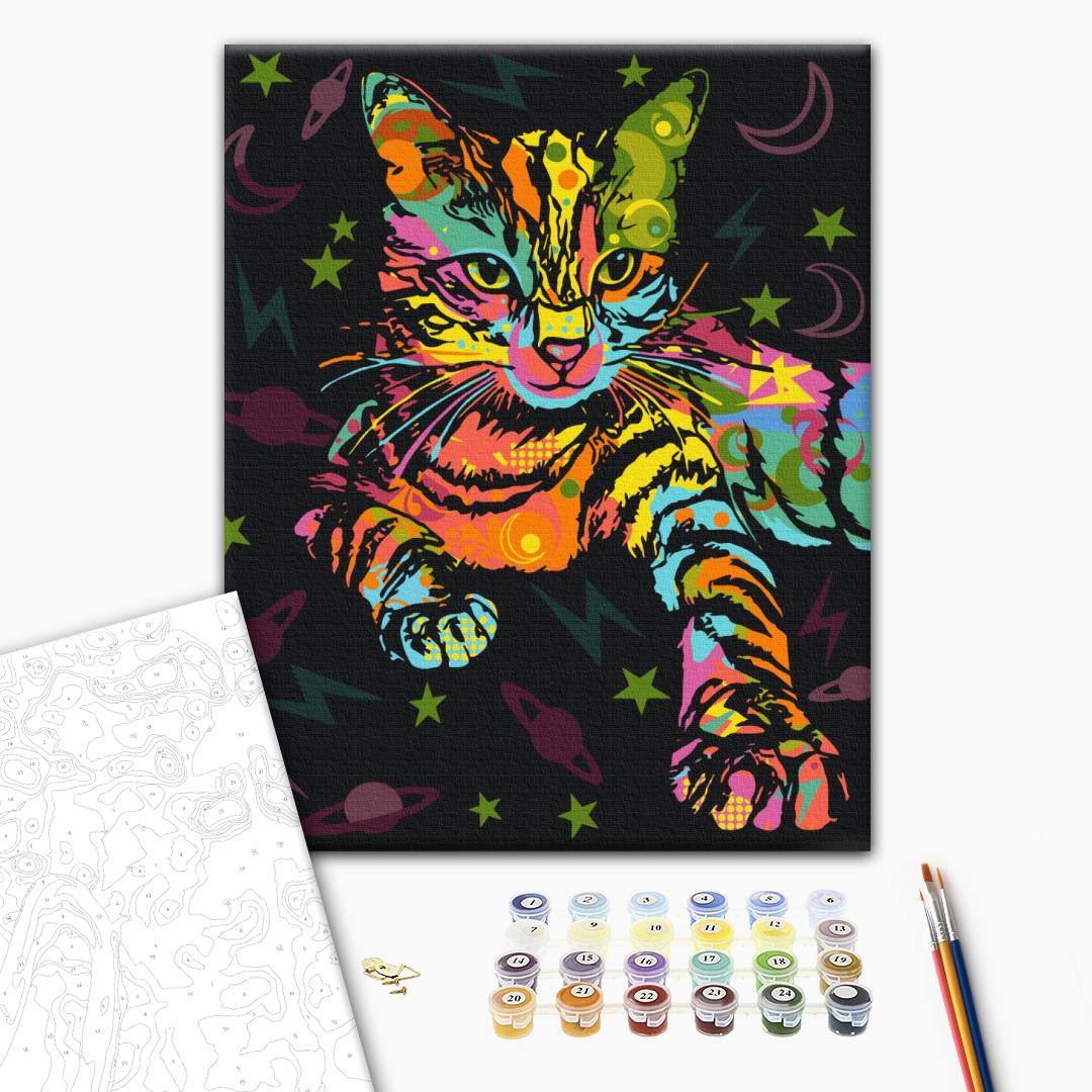 Weltraumkatze - Malen nach Zahlen Bild auf Leinwand mit Pinseln und Farben