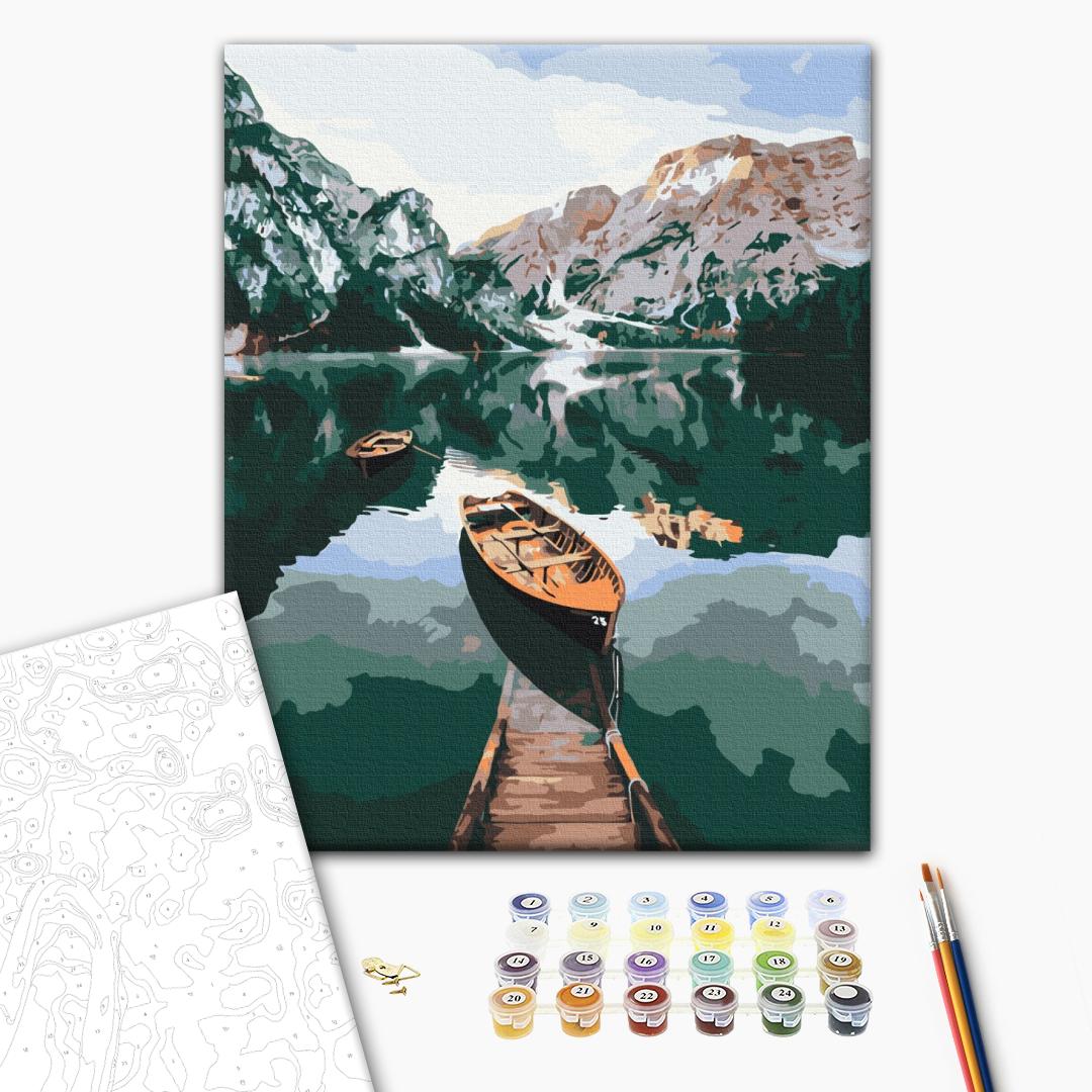 Boote auf dem See - Malen nach Zahlen Bild auf Leinwand mit Pinseln und Farben
