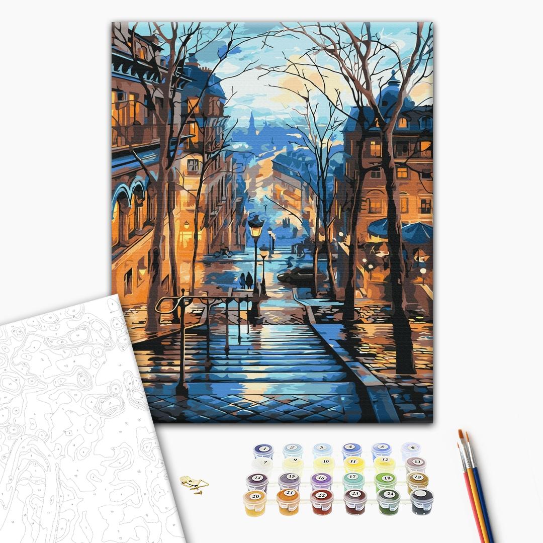 Abendstadt nach dem Regen - Malen nach Zahlen Bild auf Leinwand mit Pinseln und Farben
