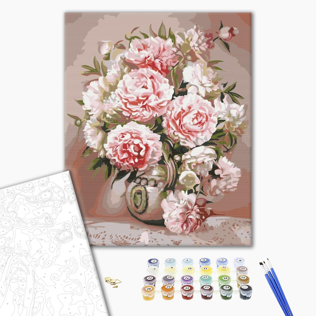 Vase mit Pfingstrosen - Malen nach Zahlen Bild auf Leinwand mit Pinseln und Farben