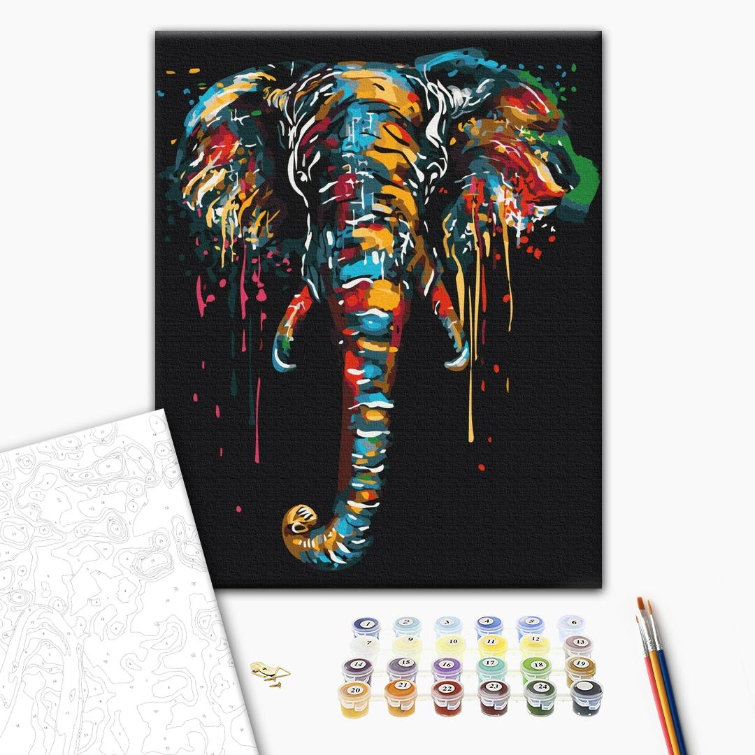 Elefant in Farben - Malen nach Zahlen Bild auf Leinwand mit Pinseln und Farben