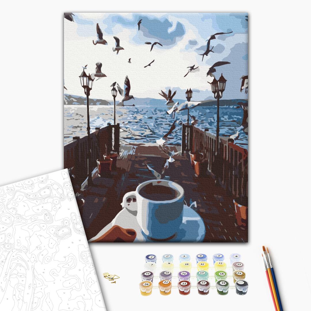 Ein Meer aus Kaffee - Malen nach Zahlen Bild auf Leinwand mit Pinseln und Farben