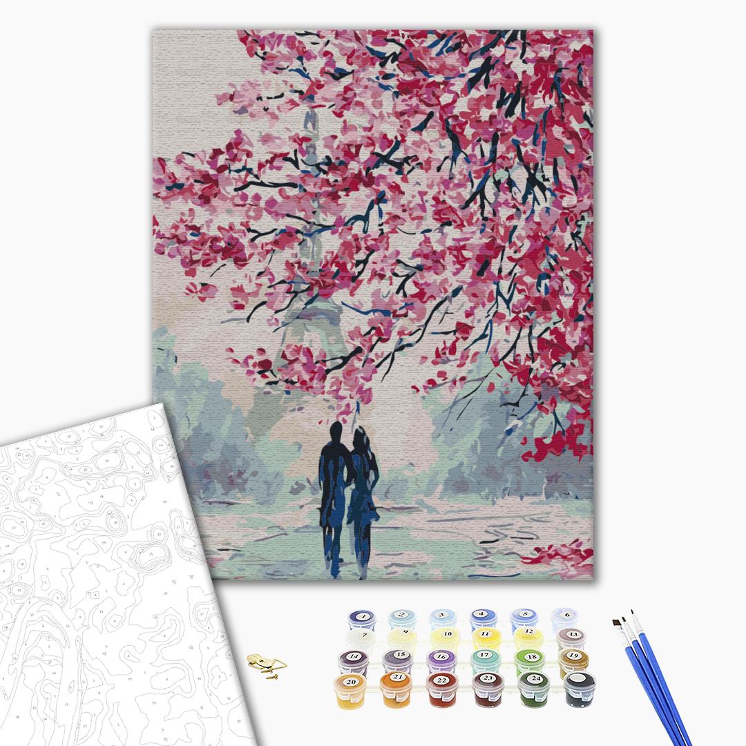 Ein romantischer Spaziergang - Malen nach Zahlen Bild auf Leinwand mit Pinseln und Farben