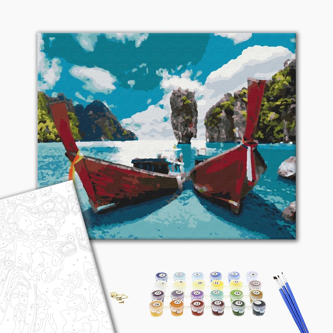 Boote in der Lagune - Malen nach Zahlen Bild auf Leinwand mit Pinseln und Farben