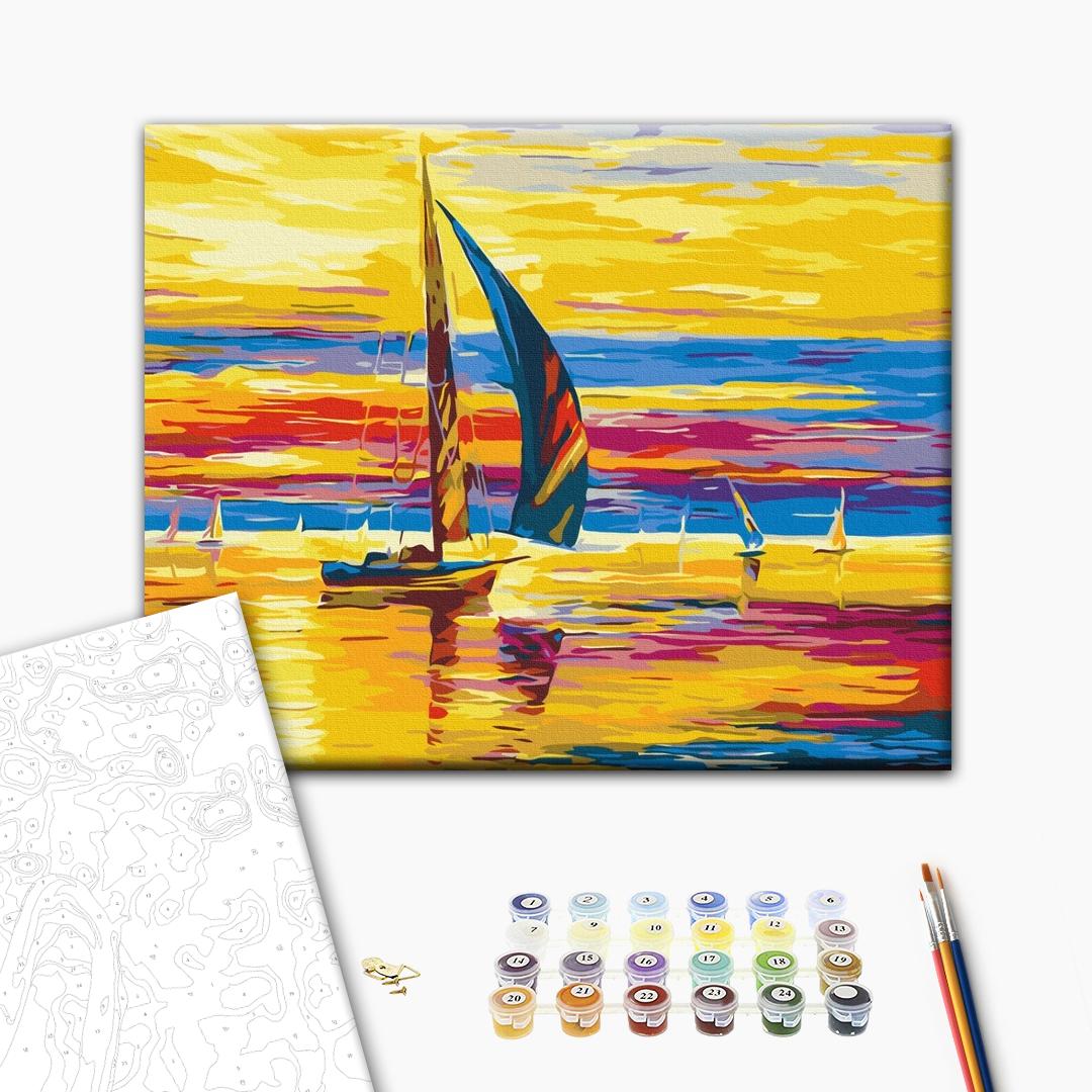 Der Sonnenaufgang über Wasser - Malen nach Zahlen Bild auf Leinwand mit Pinseln und Farben