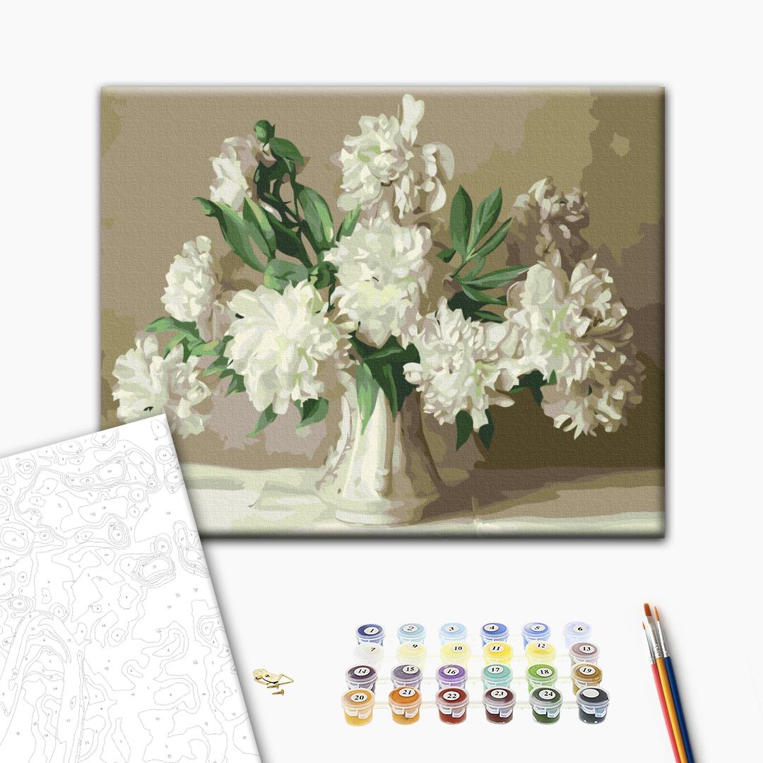 Weiße Pfingstrosen in einer Vase - Malen nach Zahlen Bild auf Leinwand mit Pinseln und Farben