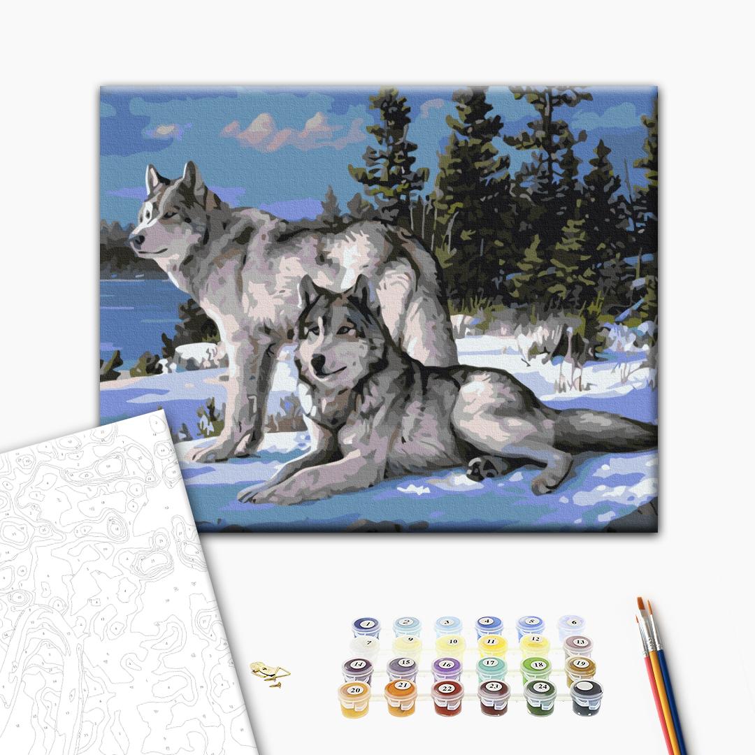Wolfsrudel - Malen nach Zahlen Bild auf Leinwand mit Pinseln und Farben