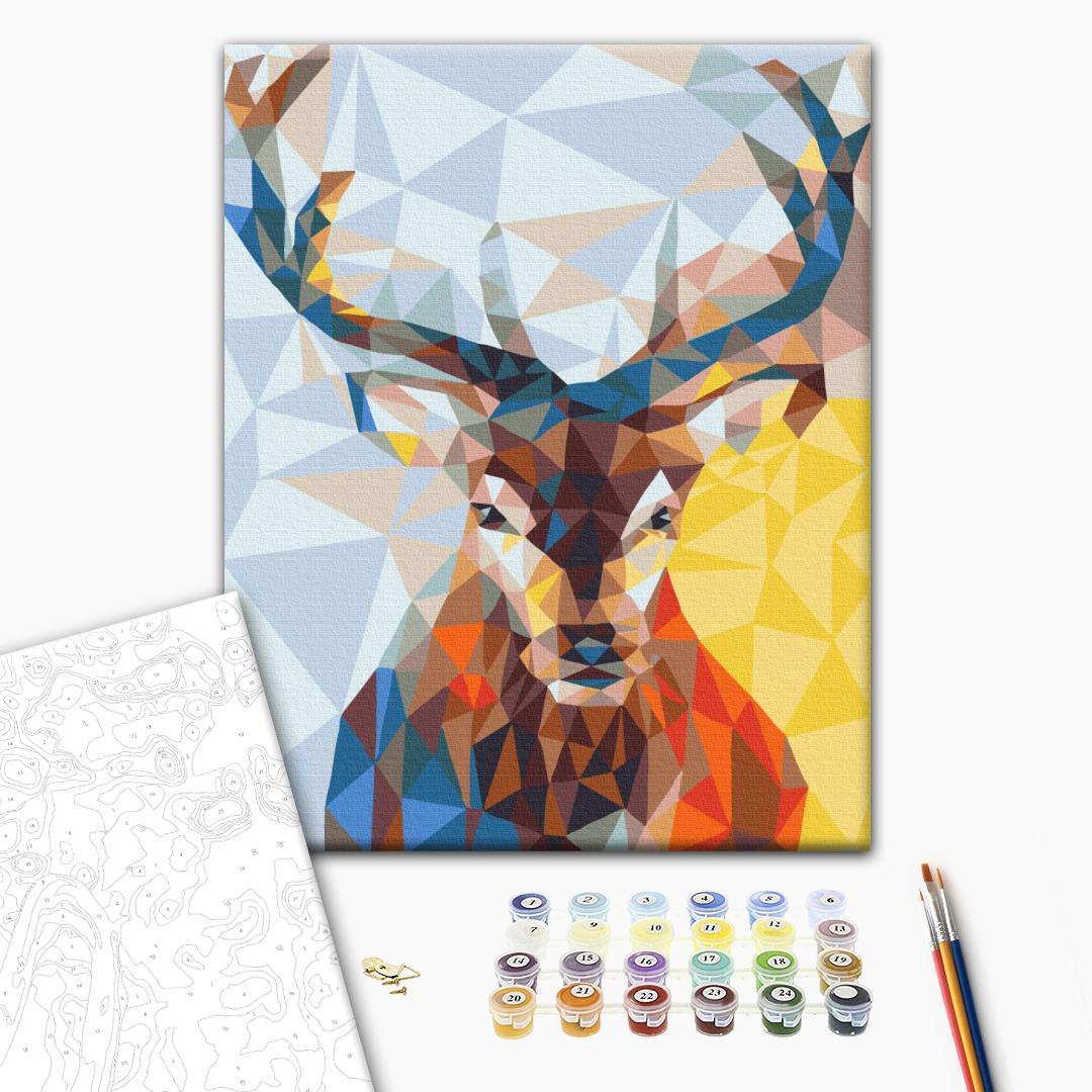 Polygon Hirsch - Malen nach Zahlen Bild auf Leinwand mit Pinseln und Farben