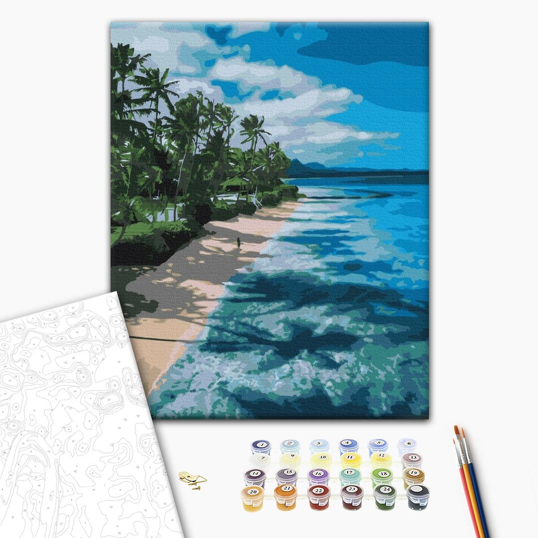 Paradiesische Strandpromenade - Malen nach Zahlen Bild auf Leinwand mit Pinseln und Farben