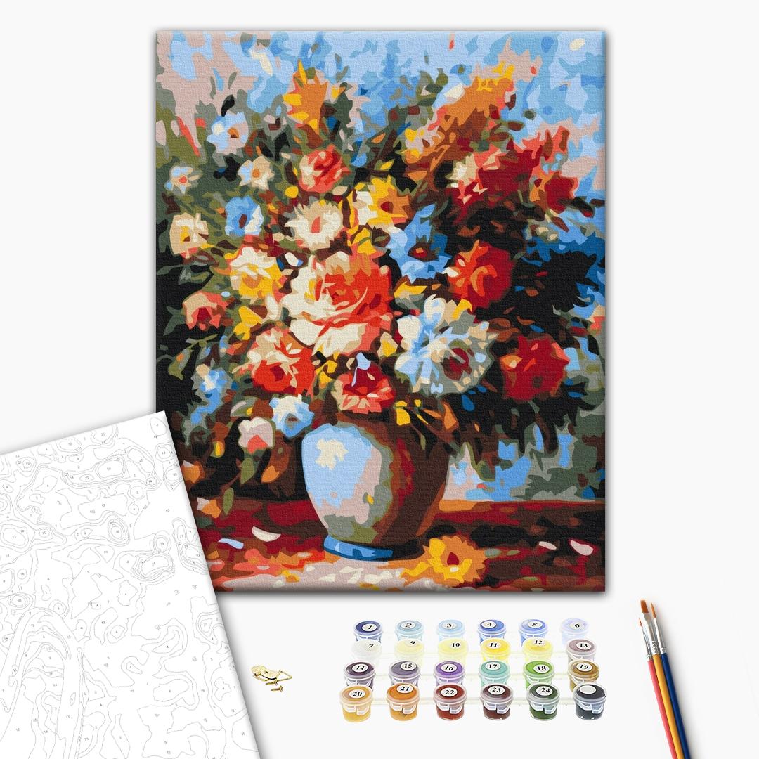 Der luxuriöse Strauß in einer Vase - Malen nach Zahlen Bild auf Leinwand mit Pinseln und Farben