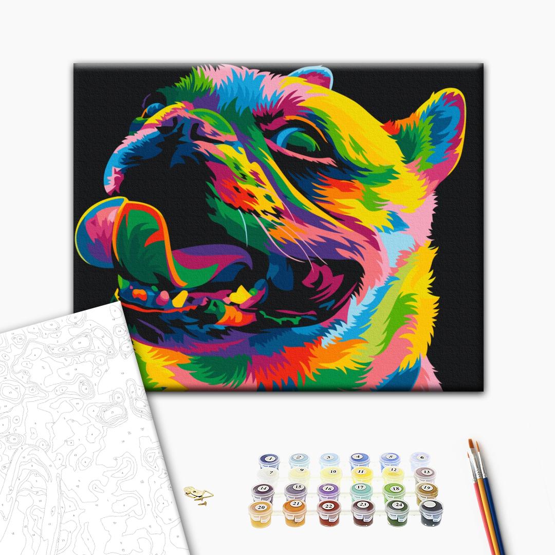 Regenbogenhund - Malen nach Zahlen Bild auf Leinwand mit Pinseln und Farben