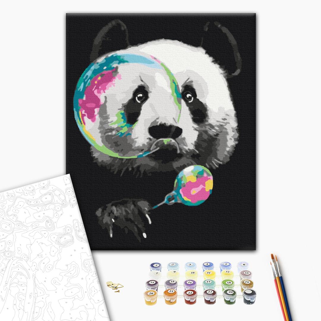 Panda mit Seifenblase - Malen nach Zahlen Bild auf Leinwand mit Pinseln und Farben