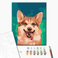 Corgi in Farben - Malen nach Zahlen Bild auf Leinwand mit Pinseln und Farben