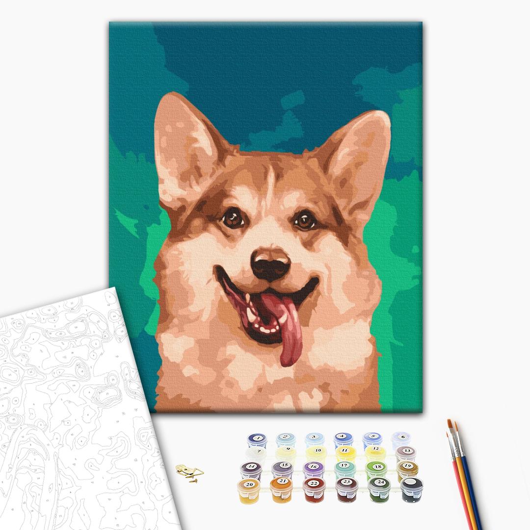 Corgi in Farben - Malen nach Zahlen Bild auf Leinwand mit Pinseln und Farben