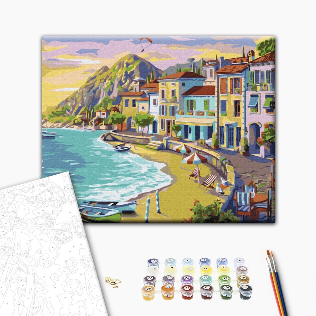 Städchen am Meer - Malen nach Zahlen Bild auf Leinwand mit Pinseln und Farben