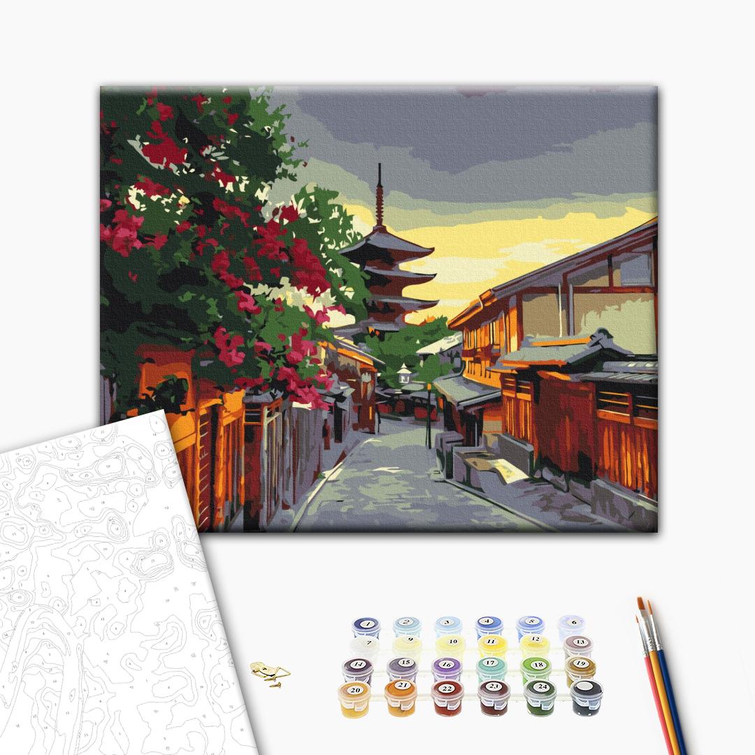 Der Abend in Kioto - Malen nach Zahlen Bild auf Leinwand mit Pinseln und Farben