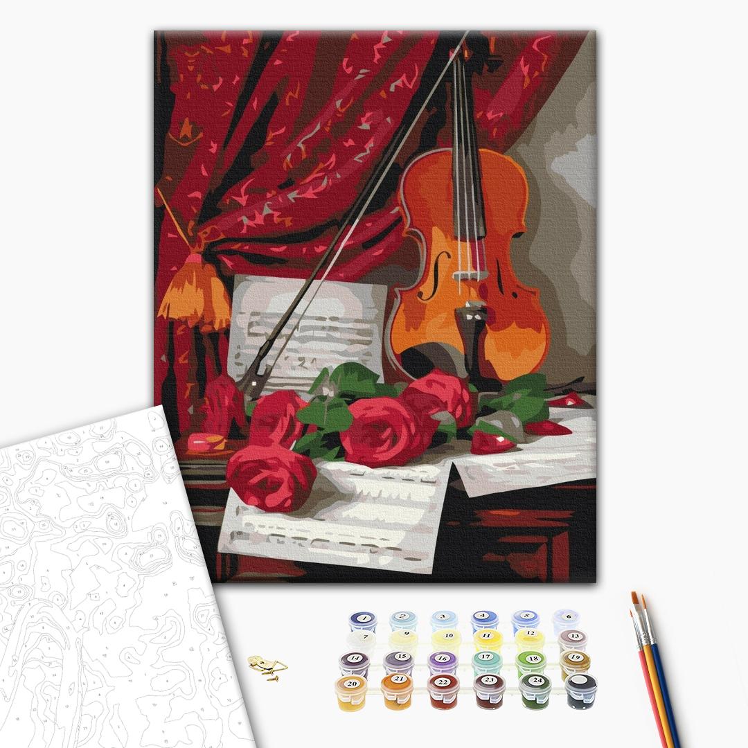 Musik und Rosen - Malen nach Zahlen Bild auf Leinwand mit Pinseln und Farben