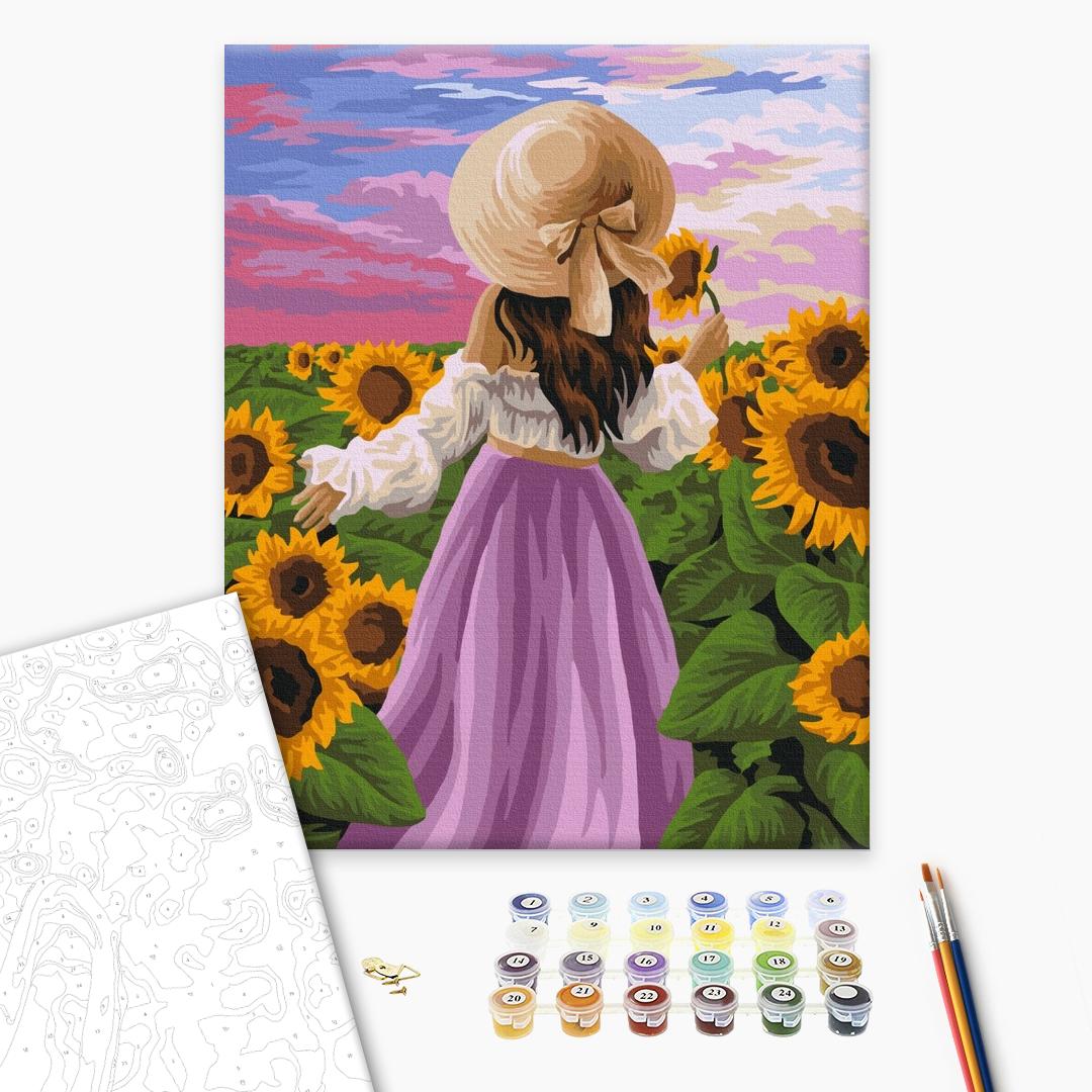 Dame in Sonnenblumen - Malen nach Zahlen Bild auf Leinwand mit Pinseln und Farben