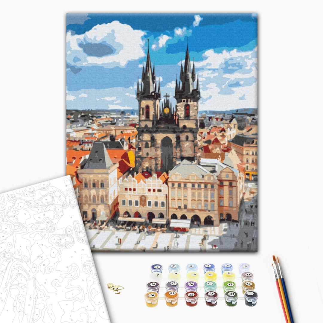 Prager Rathaus - Malen nach Zahlen Bild auf Leinwand mit Pinseln und Farben