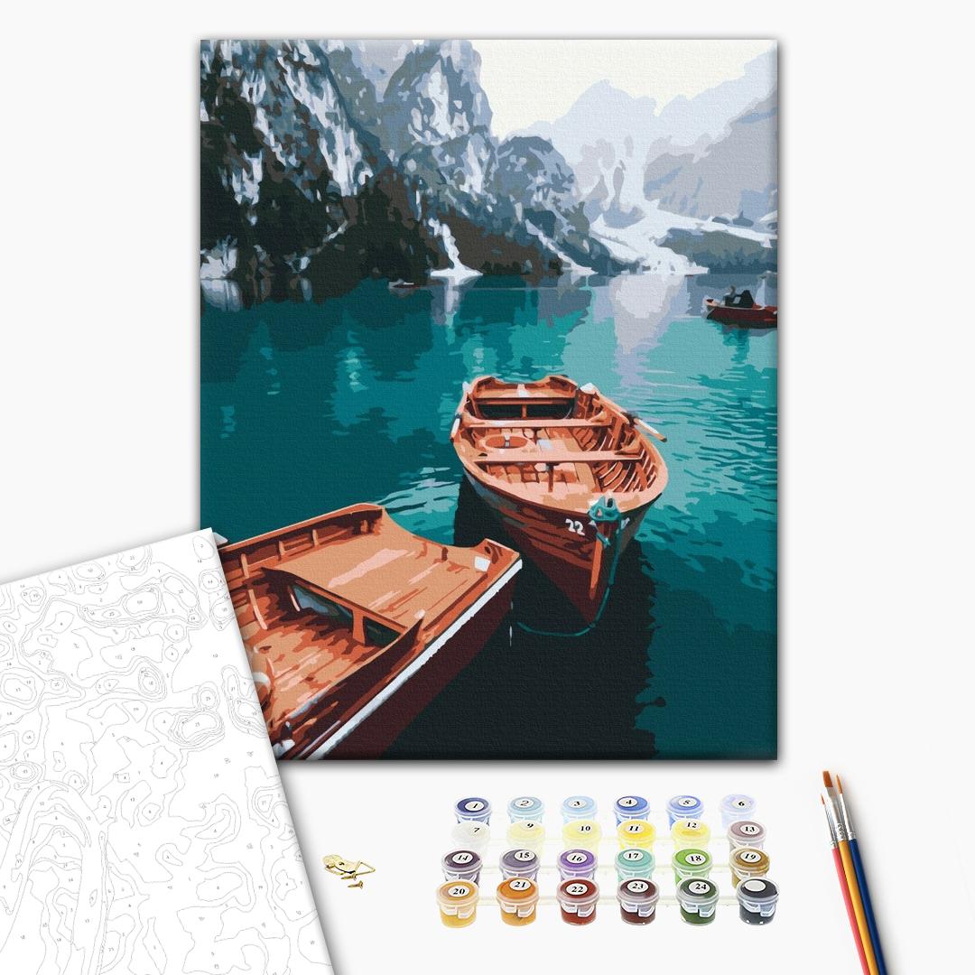 Boote auf einem Alpensee - Malen nach Zahlen Bild auf Leinwand mit Pinseln und Farben