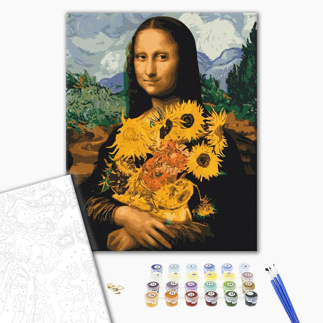 Mona Lisa mit Sonnenblumen - Malen nach Zahlen Bild auf Leinwand mit Pinseln und Farben